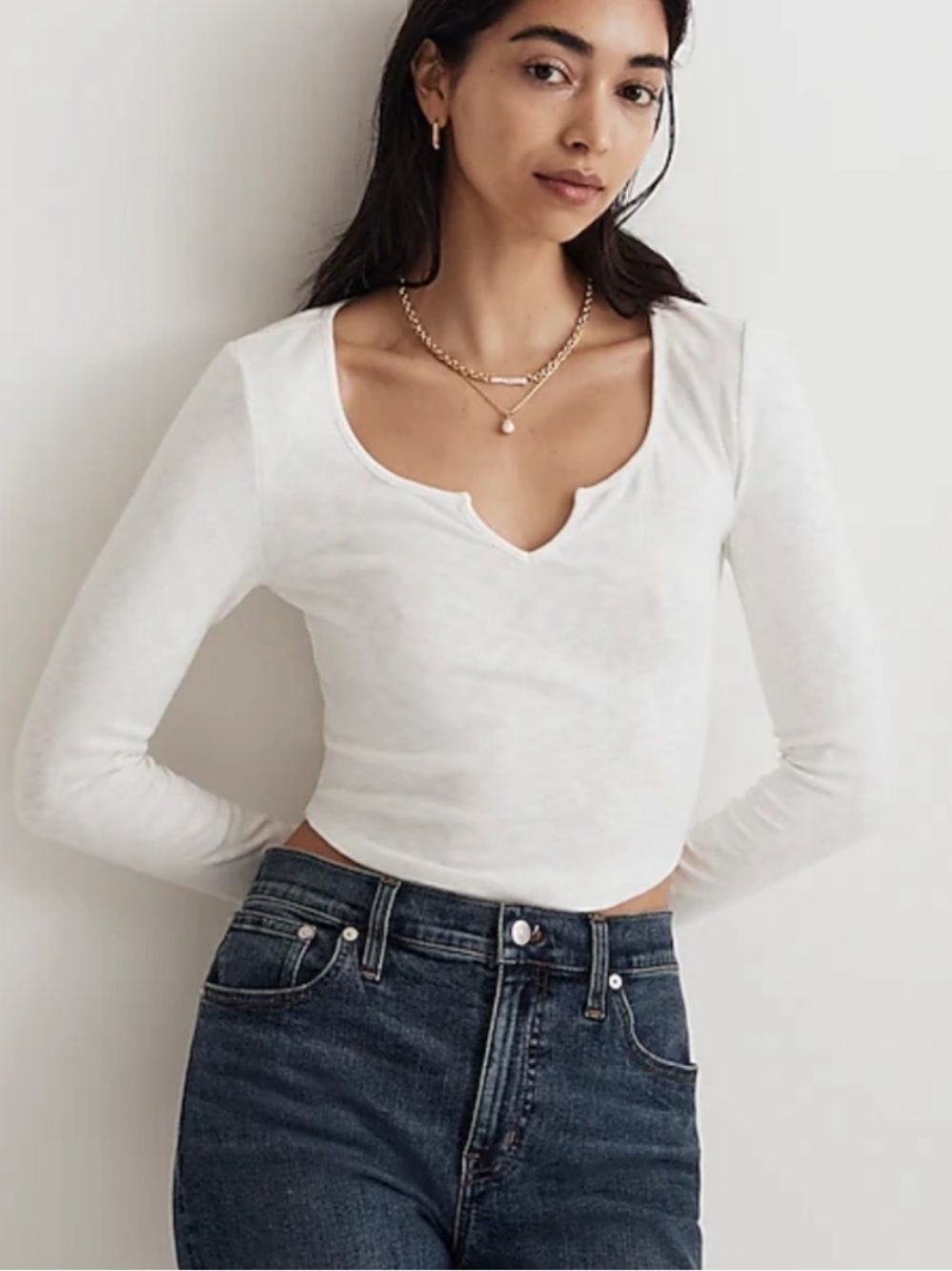 Madewell White Split V-Notch Long Sleeve Tee